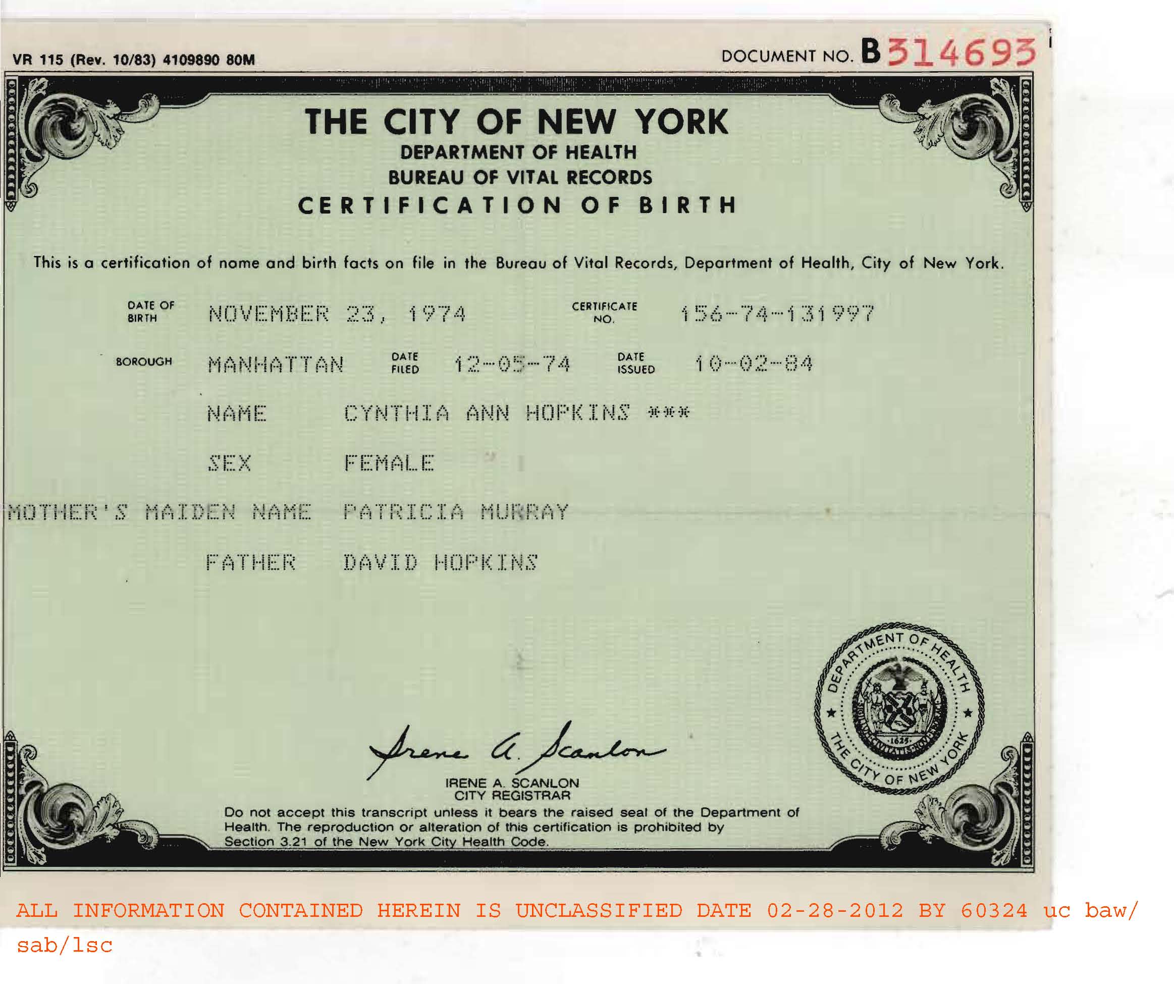 FBI Records: The Vault â Fraudulent Birth Certificate of ...