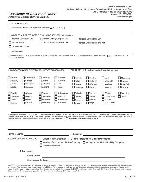 Fillable Certificate of Assumed Name Form