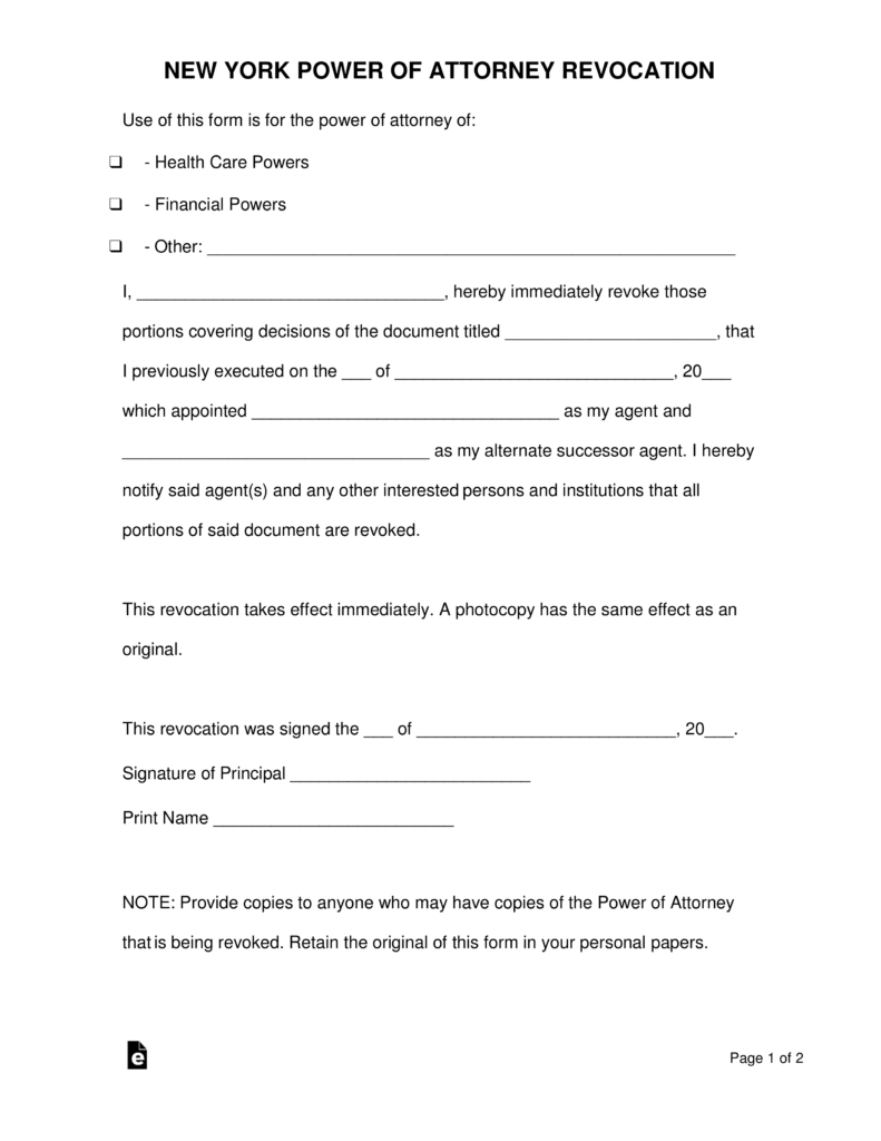 Free New York Revocation of Power of Attorney Form